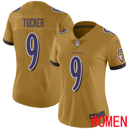 Baltimore Ravens Limited Gold Women Justin Tucker Jersey NFL Football 9 Inverted Legend